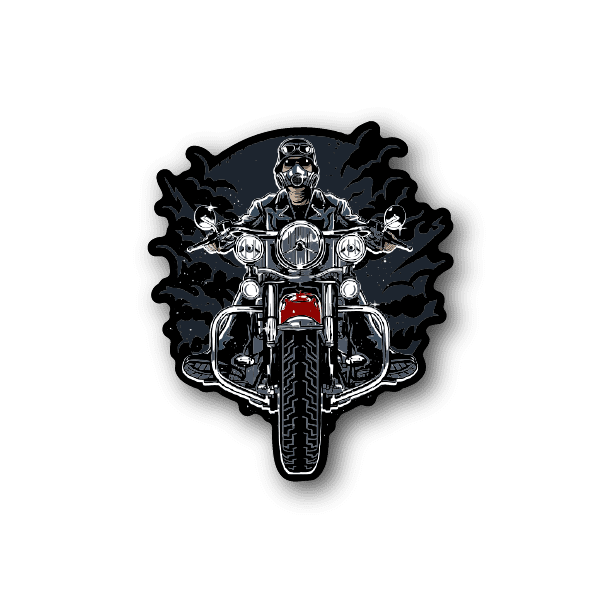 Motorcycle vinyl sticker featuring skull rider with bike and flames, chrome and red accents.