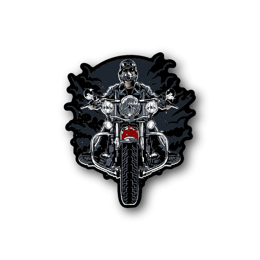 Motorcycle vinyl sticker featuring skull rider with bike and flames, chrome and red accents.
