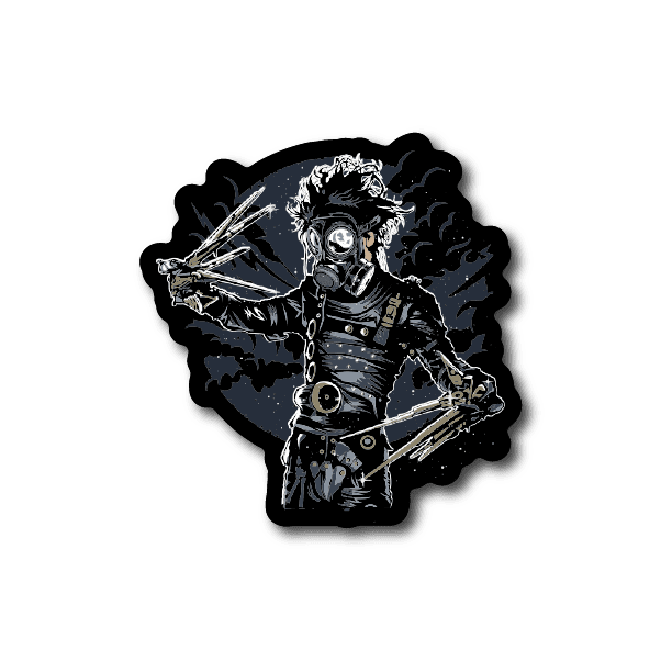 Vinyl sticker of gas-mask character holding scissors and tools