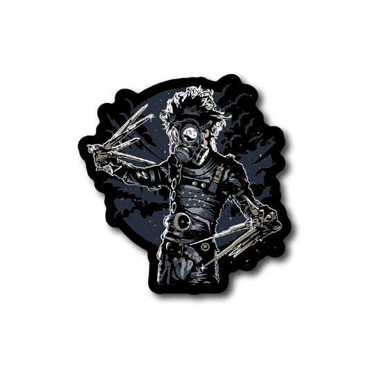 Vinyl sticker of gas-mask character holding scissors and tools