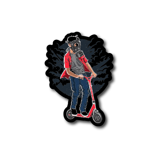 Vinyl sticker of a gas-masked scooter rider with red scooter and blue jeans