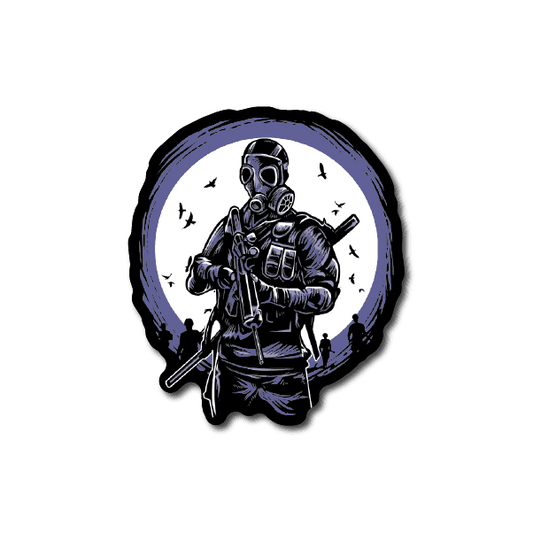 Vinyl sticker of gas mask soldier in round emblem with rifle and scattered stars