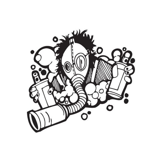 Gasmask inhaling can decal featuring black gas mask and inhaler can illustration