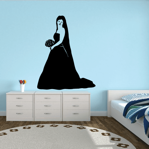 Black bride in long gown holding bouquet wall decal