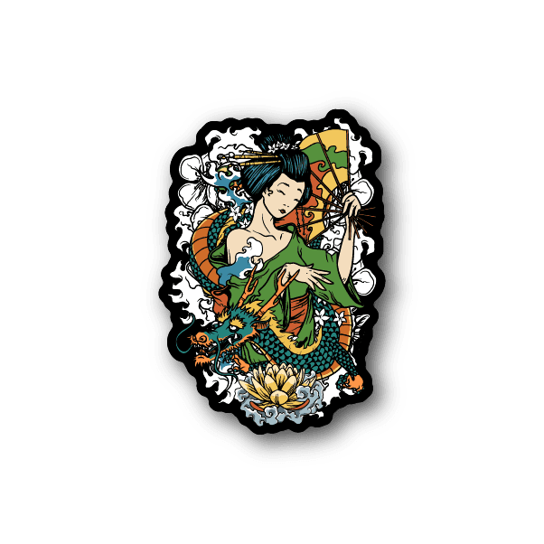 Geisha vinyl sticker of a woman in green and orange kimono with lotus flowers