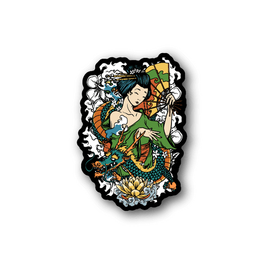 Geisha vinyl sticker of a woman in green and orange kimono with lotus flowers