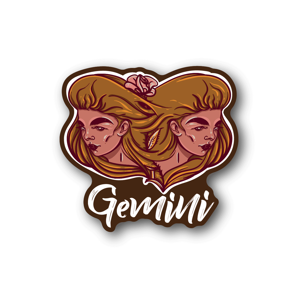 Gemini zodiac vinyl sticker with twin stylized women and gold Gemini text