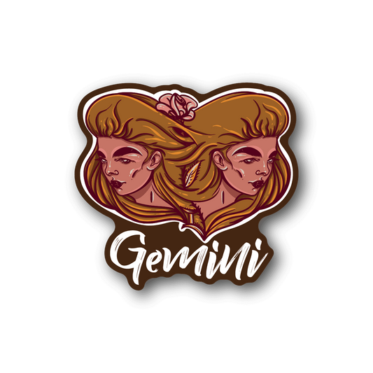 Gemini zodiac vinyl sticker with twin stylized women and gold Gemini text
