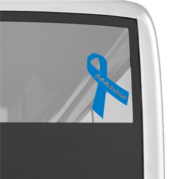 Blue awareness ribbon vinyl sticker with white text and tail