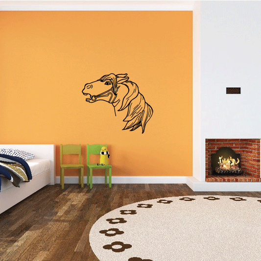 Horse head decal in black line art on orange wall