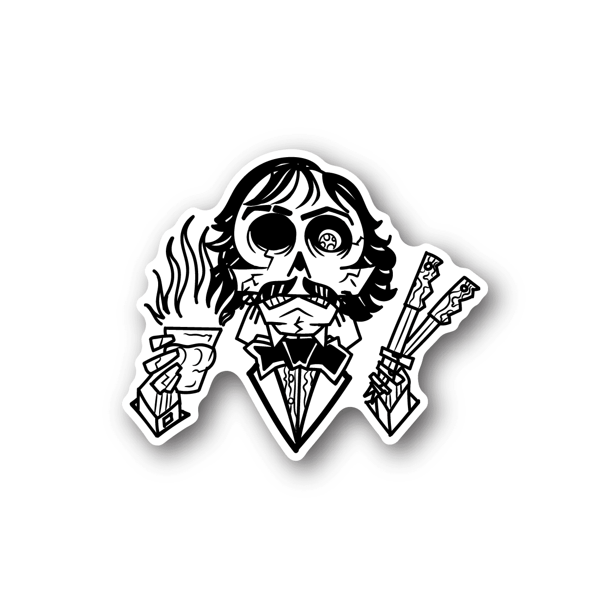Gentleman skeleton vinyl sticker with suited skull holding cards