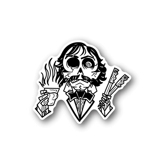 Gentleman skeleton vinyl sticker with suited skull holding cards
