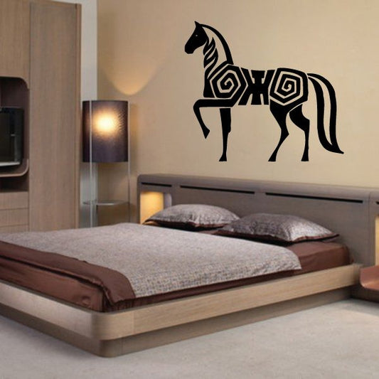Black geometric horse body decal with swirling tribal patterns