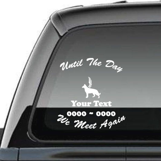 Car window decal with dog silhouette and remembrance text, including name and dates
