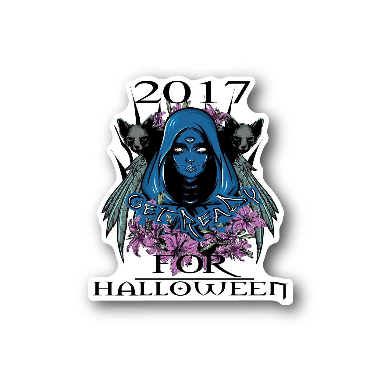 Halloween vinyl sticker with blue hooded face, 2017 text, and 'For Halloween' lettering