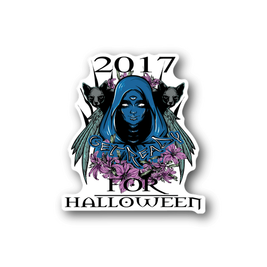 Halloween vinyl sticker with blue hooded face, 2017 text, and 'For Halloween' lettering