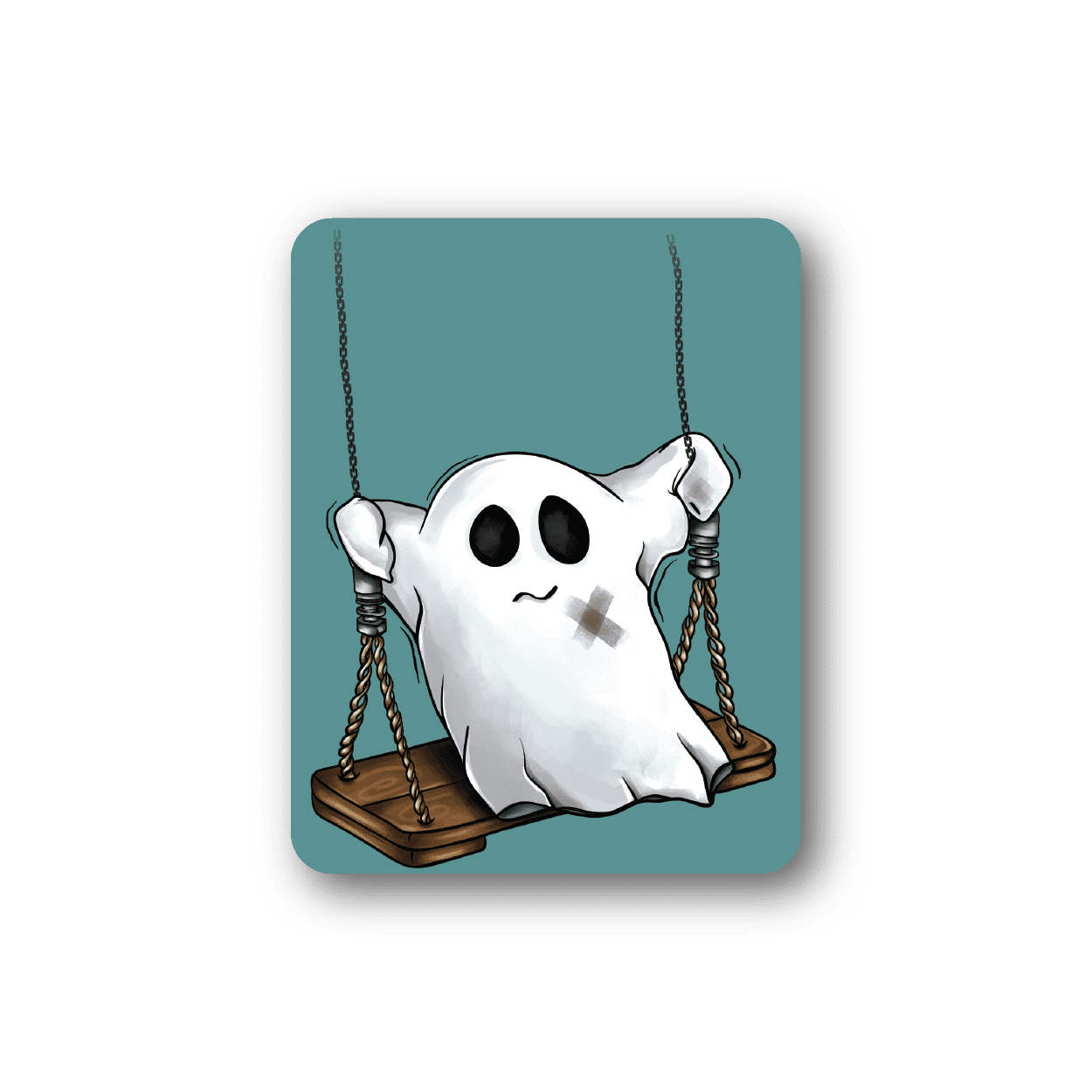 Vinyl ghost sticker showing a white skull-eyed ghost on a swing