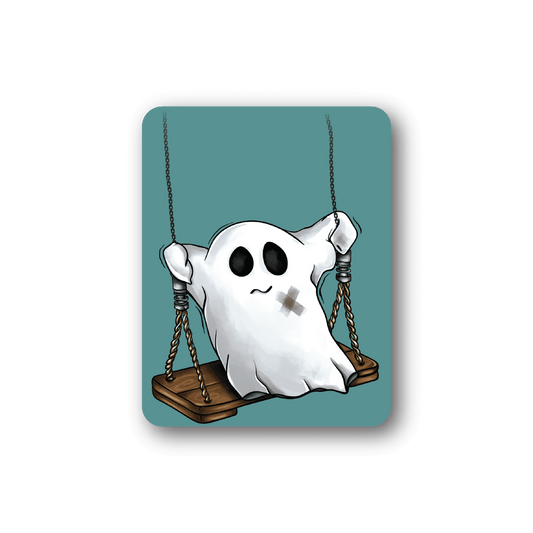 Vinyl ghost sticker showing a white skull-eyed ghost on a swing