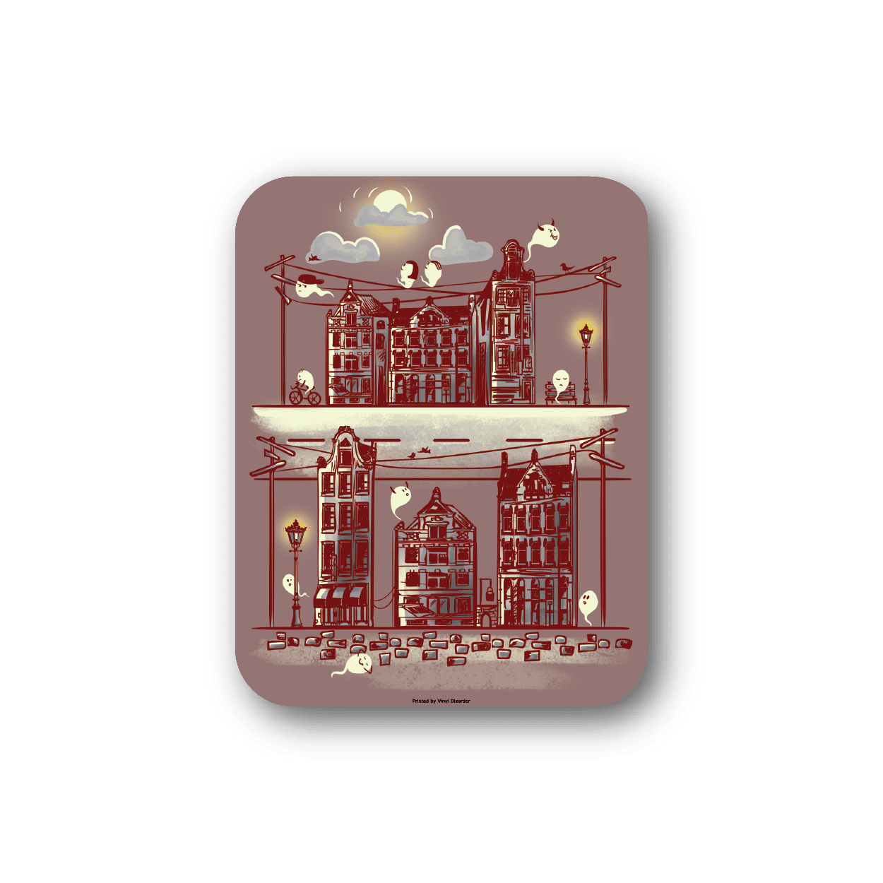 Ghost town vinyl sticker: rounded-square with red haunted village illustration