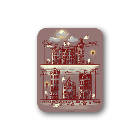 Ghost town vinyl sticker: rounded-square with red haunted village illustration