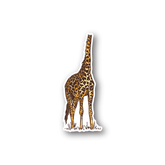 Headless giraffe vinyl sticker with orange and black spots, white legs