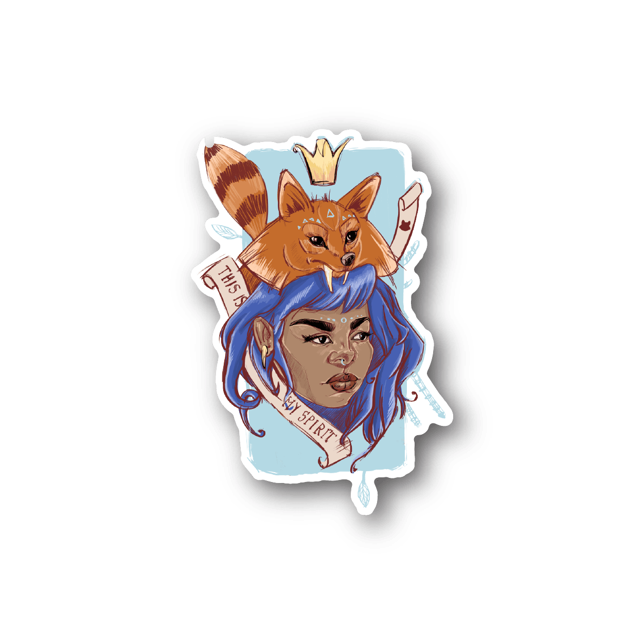 Fox spirit vinyl sticker with illustrated girl and fox, die-cut border