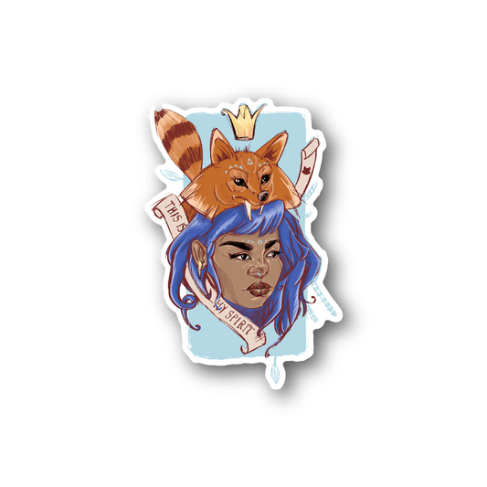 Fox spirit vinyl sticker with illustrated girl and fox, die-cut border