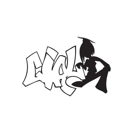 Black graffiti girl decal with stylized tag lettering and girl silhouette