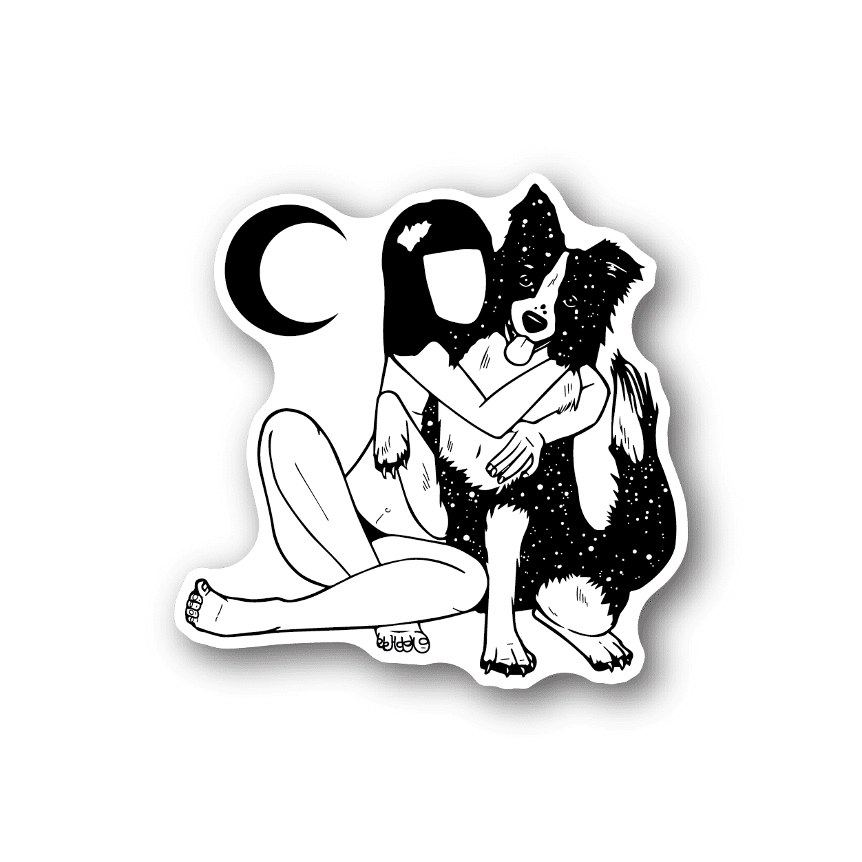 Vinyl sticker of girl hugging dog, monochrome line art