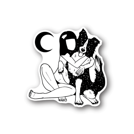 Vinyl sticker of girl hugging dog, monochrome line art