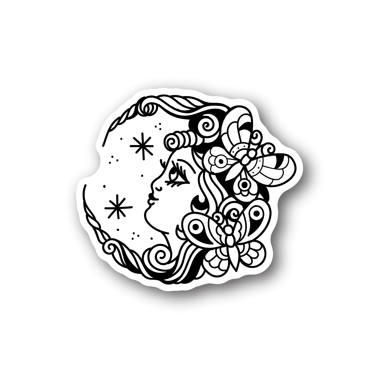 Moon vinyl sticker with girl face in black-and-white line art, decorative floral accents