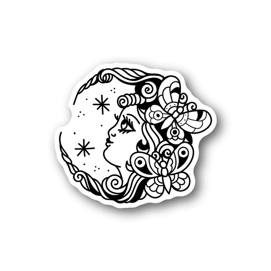 Moon vinyl sticker with girl face in black-and-white line art, decorative floral accents