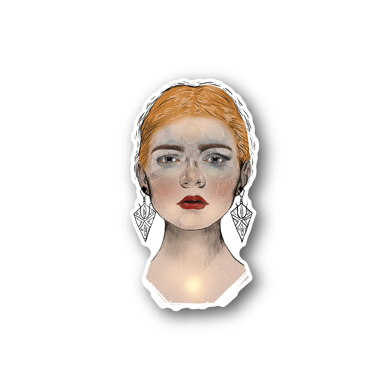 Girl portrait vinyl sticker with blonde hair, red lips, and dangling earrings