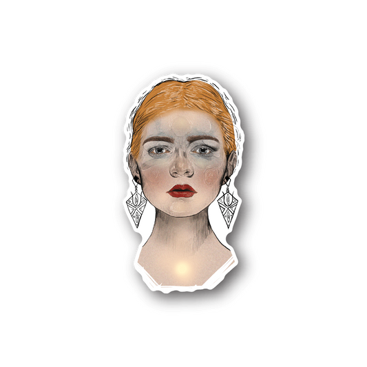 Girl portrait vinyl sticker with blonde hair, red lips, and dangling earrings