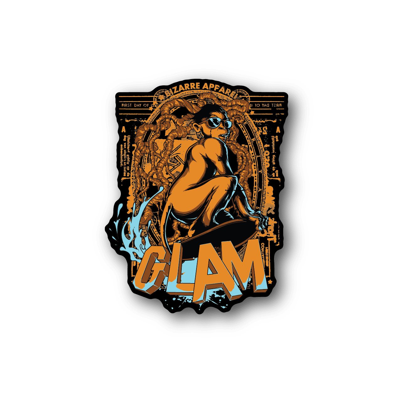 Vinyl sticker with illustrated monkey-like character, blue eyes, and bold 'GLAM' text