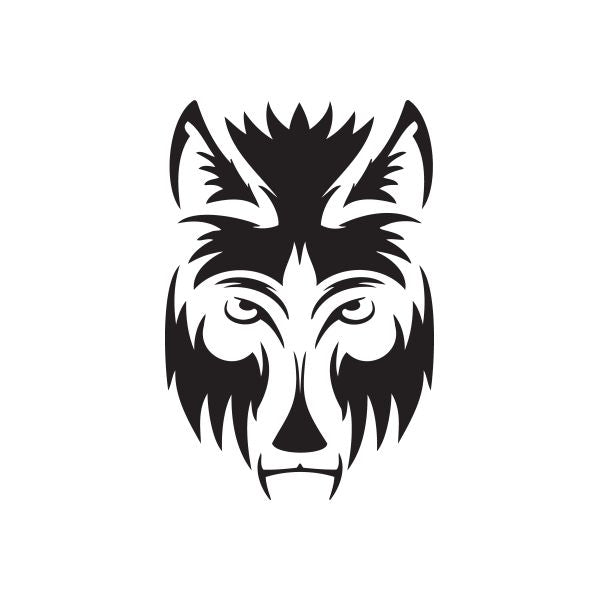 Wolf head decal, black and white stylized face with fierce expression