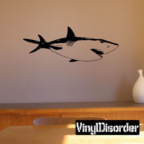 Gliding bull shark wall decal, black stylized shark in profile with open mouth