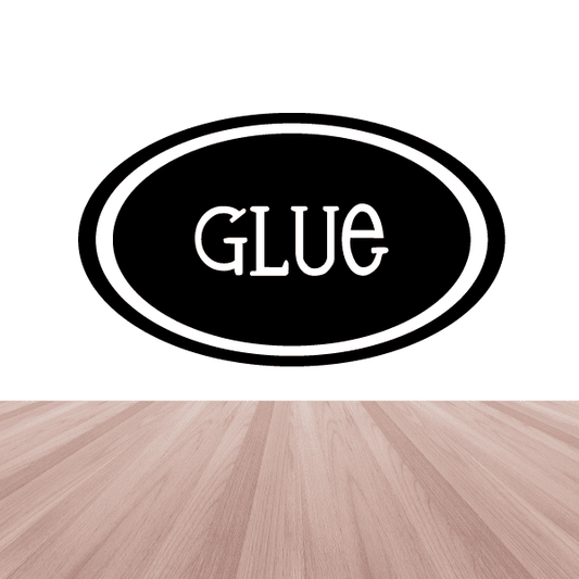 Black oval decal with white border and 'Glue' text