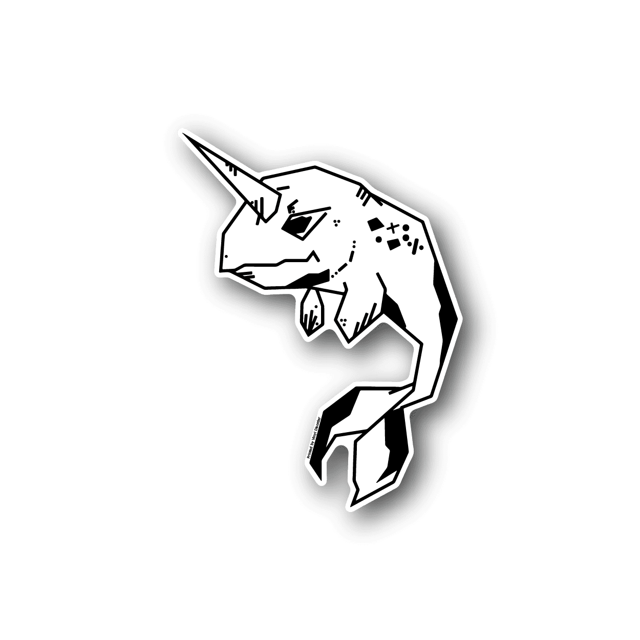 Gnar whale vinyl sticker, white outline with black fill and small dots