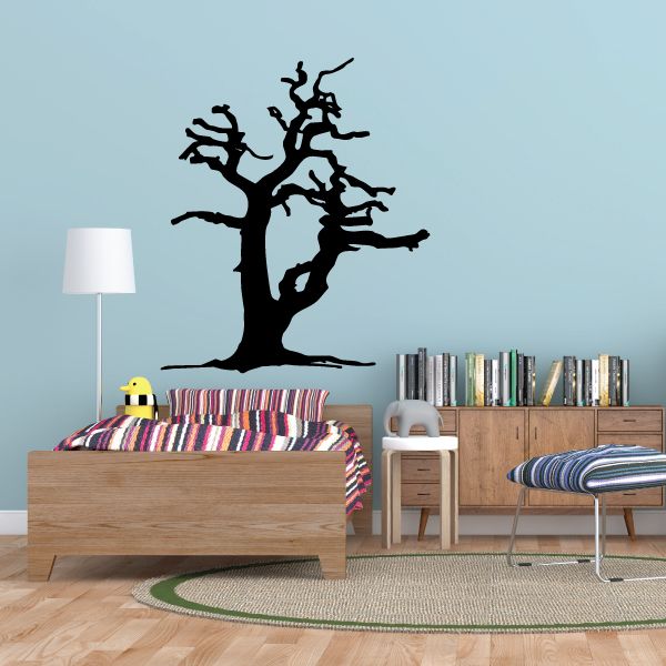 Gnarled tree wall decal with black branches and trunk silhouette
