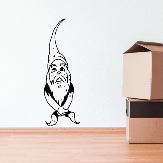 Gnome decal sticker with bearded gnome kneeling, pointed hat, black outline