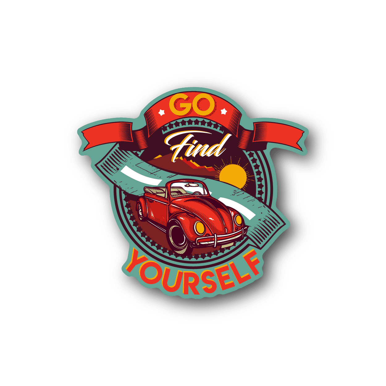 Vinyl sticker with cartoon car and "Go Find Yourself" text