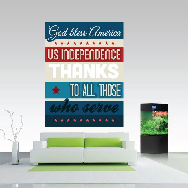 4th of July wall decal with layered patriotic text: God bless America, who serve.