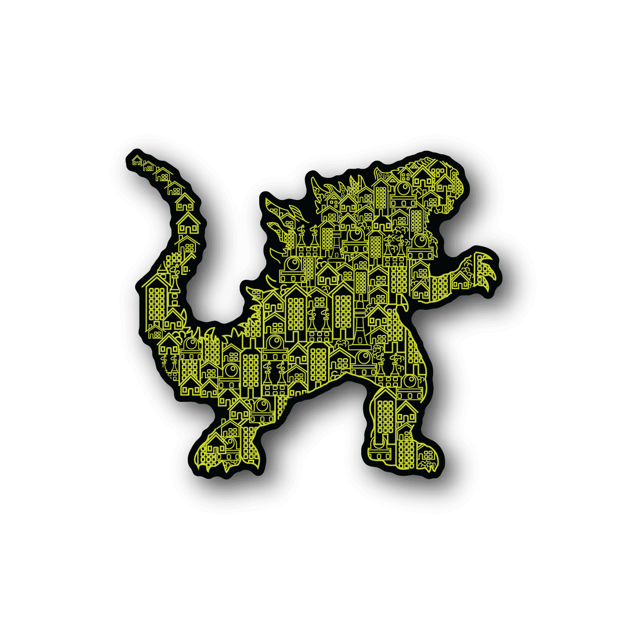 Godzilla building collage vinyl sticker, neon yellow-green silhouette