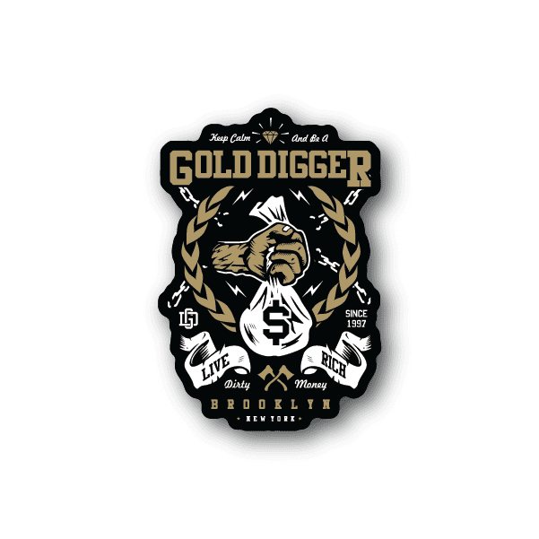 Vinyl sticker with gold and white bee holding dollar sign, wreath and bold lettering