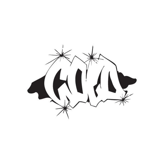Graffiti decal with stylized letters and starburst spark accents