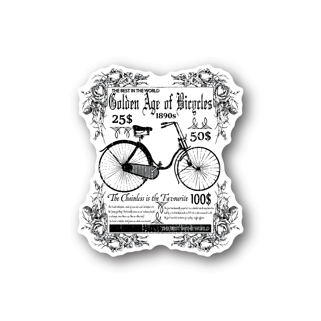 Vinyl bicycle-themed sticker with black-and-white vintage engraving and ornate border and text