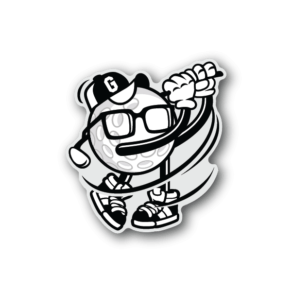 Golfer vinyl sticker with glasses, holding clubs, white with black outline