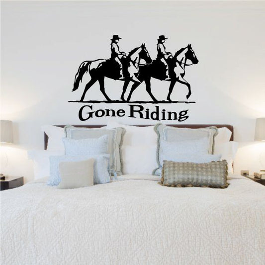 Black horses and riders wall decal with 'Gone Riding' text