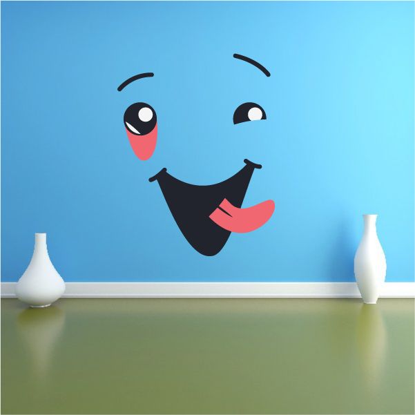 Goofy face wall decal vinyl, black smiling cartoon with red mouth and white eyes